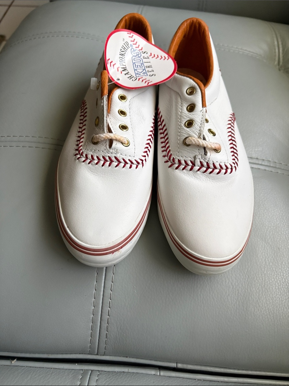 Keds White Sneakers with Red Stitching and Tan Lining